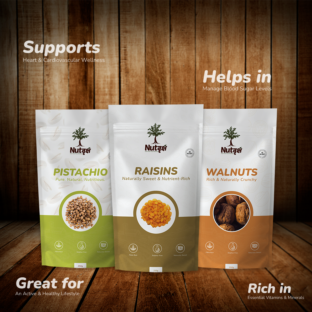 Nutvriksh Premium Dry Fruits Combo | Pistachios, Raisins & Walnuts (3 × 250g Packs)