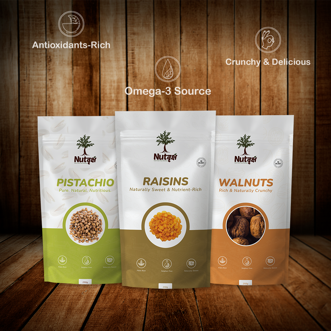 Nutvriksh Premium Dry Fruits Combo | Pistachios, Raisins & Walnuts (3 × 250g Packs)