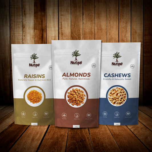 Nutvriksh Premium Dry Fruits Combo | Almonds, Cashews & Raisins (3 x 250g Packs)