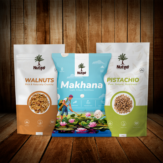 Nutvriksh Premium Healthy Combo | Makhana, Pistachios & Walnuts (3 x 250g Packs)