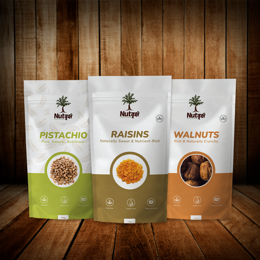 Nutvriksh Premium Dry Fruits Combo | Pistachios, Raisins & Walnuts (3 × 250g Packs)