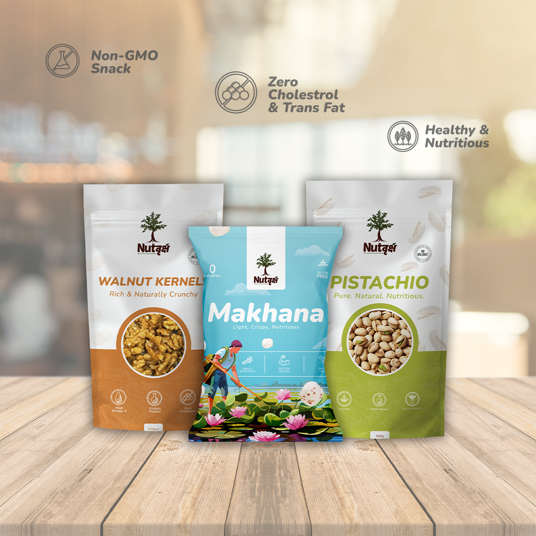 Nutvriksh Premium Healthy Combo | Makhana, Pistachios & Walnuts (3 x 200g Packs)